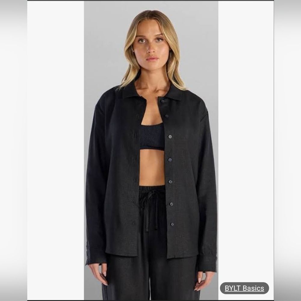 BYLT Premium Basics Women's Black Linen Blend Button Down Shirt Small NWT